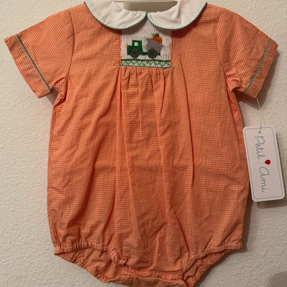 Petit Ami Orange Check Dump Truck Pumpkin Smocked Boys Bubble 6 Months